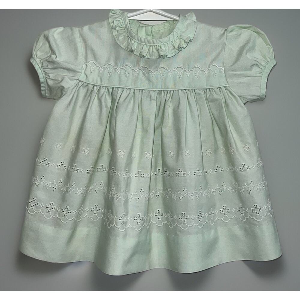 Vtg Baby Girl Dress Mint Green- Embroidered -Ruffled Collar -70s Charm - 12M